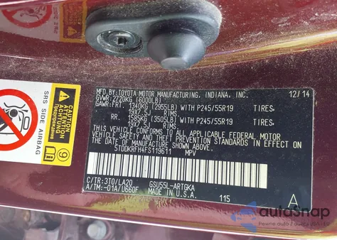 2015 Toyota Highlander Limited V6 from USA, damaged, VIN 5TDDKRFH4FS119611